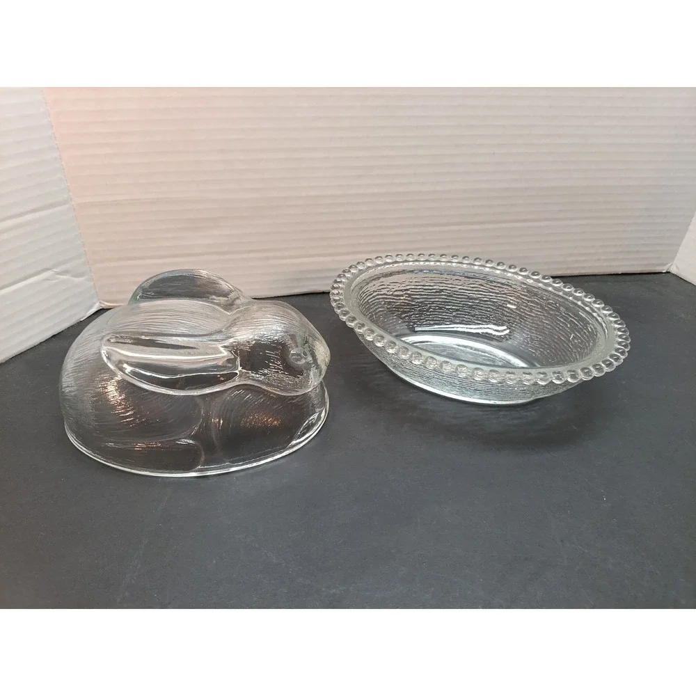 Vintage Indiana Glass Clear Nesting Bunny Rabbit Candy Dish Easter Cottage Core